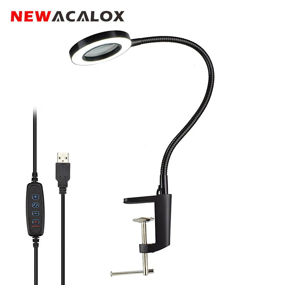 NEWACALOX USB 3X/5X тиски, стол Зажимная Лупа светодиодный свет Гибкая Настольная лампа для чтения рабочее освещение увеличительное стекло