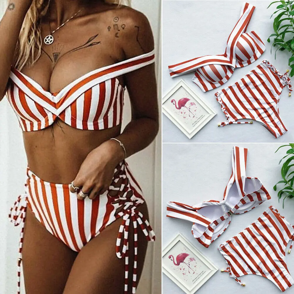 

2019 New Style Stripe Slash Neck Women's Padded Push-up Bra Bikini Set Swimsuit Swimwear Beachwear Bathing Suit