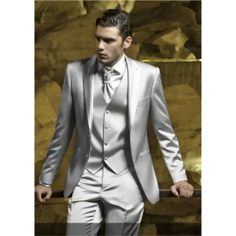 

Custom Silver Grey Satin Men Suit Slim Fit Skinn Stage Prom Outfit costume homme Blazer wedding Mens Suits (Jacket+Pants+Vest)