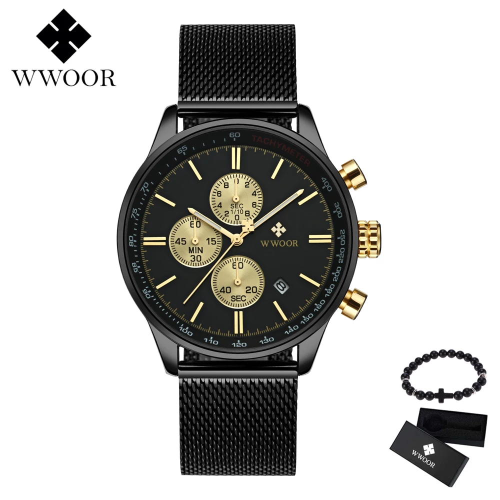  Relogio Masculino WWOOR Luxury Brand Military Sport Watch Men's Quartz Clock Male Mesh Steel Casual