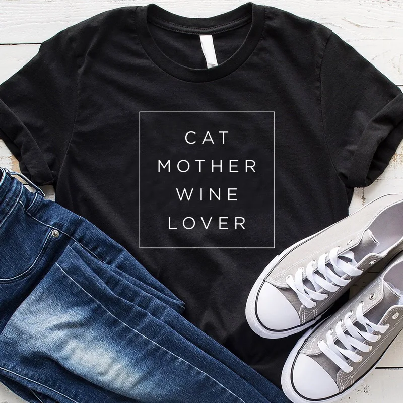 

Cat Mother Wine Lover T Shirt Plus Size Funny Graphic Tees Women Clothes 2019 Summer Cat Mom Tshirt Fashion Tops Drop Shipping