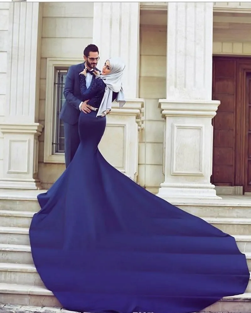 Royal Blue Long Sleeve Mermaid Muslim Wedding Dresses Lace High Neck