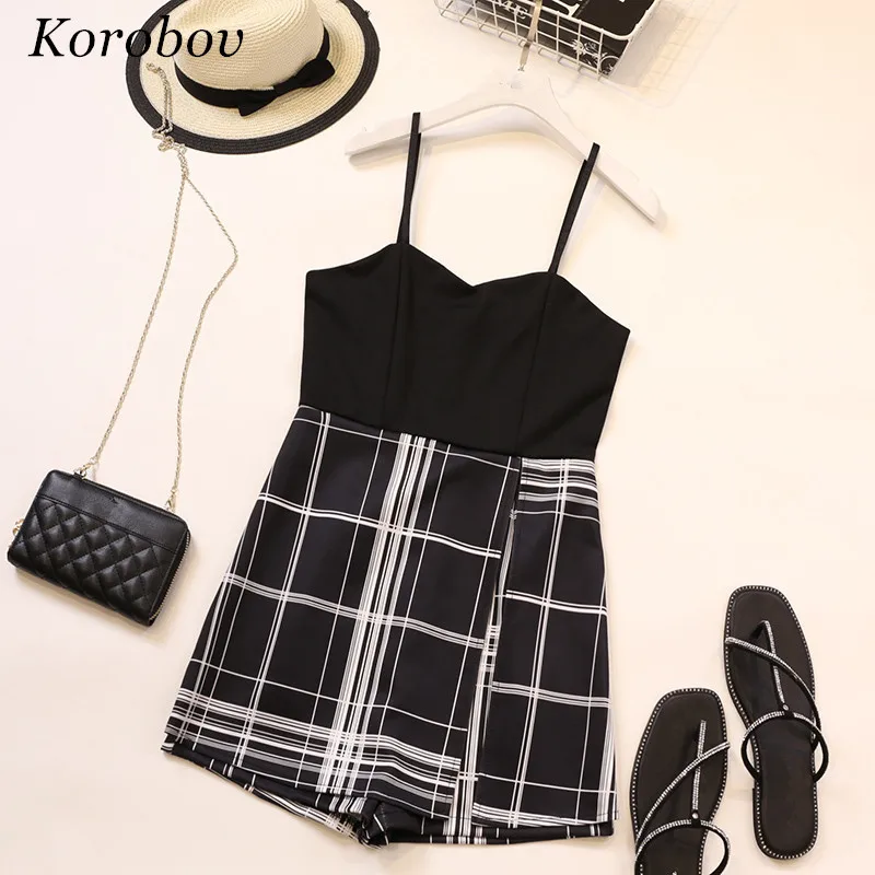 

Summer Sleeveless Off Shoulder Bodysuit Slim Vintage Plaid Jumpsuit High Waist Backless 2019 Fashion Chiffon Playsuits 75725