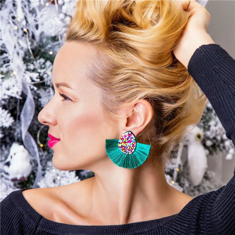 

Beaded Bohemian Tassel Earrings for Women Green Big Statement Earrings Female 2019 Wedding Fringe Hanging Earings Jewelry