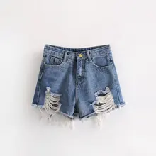 Отверстие лоскутное летние джинсы, шорты Для женщин Винтаж Высокая талия джинсовые шорты с бахромой короткие шорты