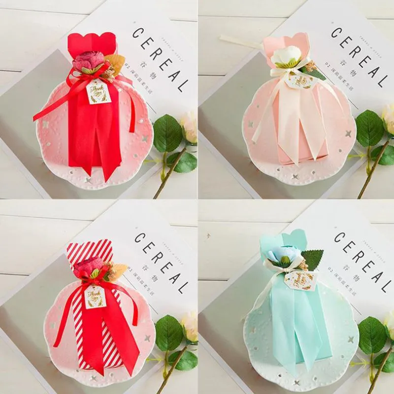 

5pcs Vase Shape Dragees Candy Gift Box Cardboard Chocolate Box Deco Mariage Wedding Cookie Packaging Gift Box with Flower Tag