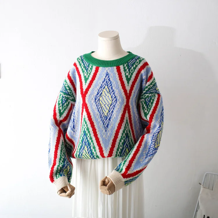 

Chic ethnic geometric jacquard o-neck pullover sweater mori girl 2019 autumn winter