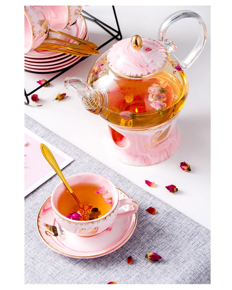 Краткое Лебедь заварочный стеклянный чайник Набор мраморная Изолированная глазурь керамическая чайная чашка набор китайское кунг-фу цветочный чай чайник подарочная коробка