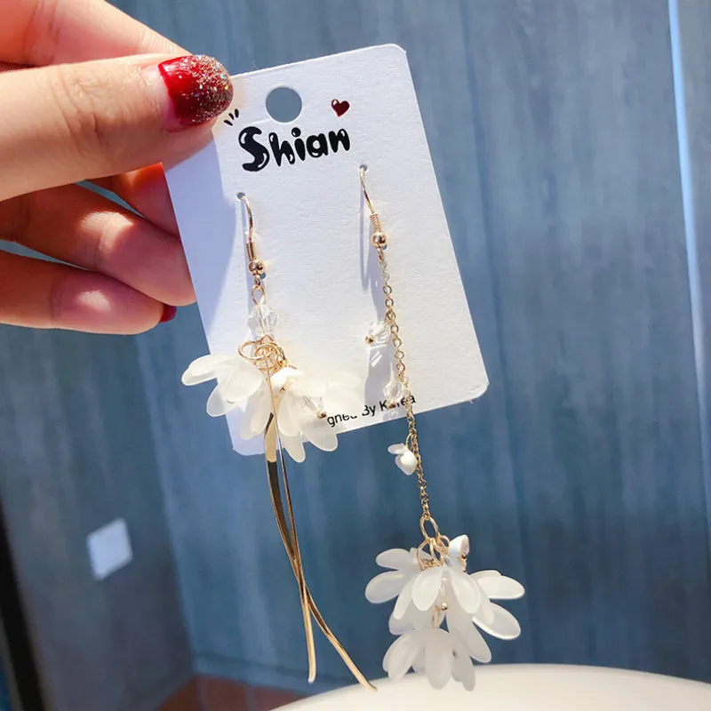 

Korean Version Fairy Temperament Long Acrylic Arc Flower Earhook Crystal Tassel Shell Asymmetric Earrings For Women Statement