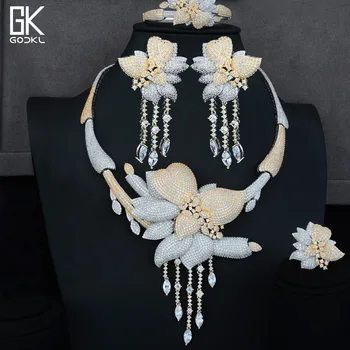 

GODKI Luxury Flowers Tassels 4PCS African Jewelry Sets For Women Wedding Cubic Zircon Crystal CZ Indian Gold Bridal Jewelry Sets