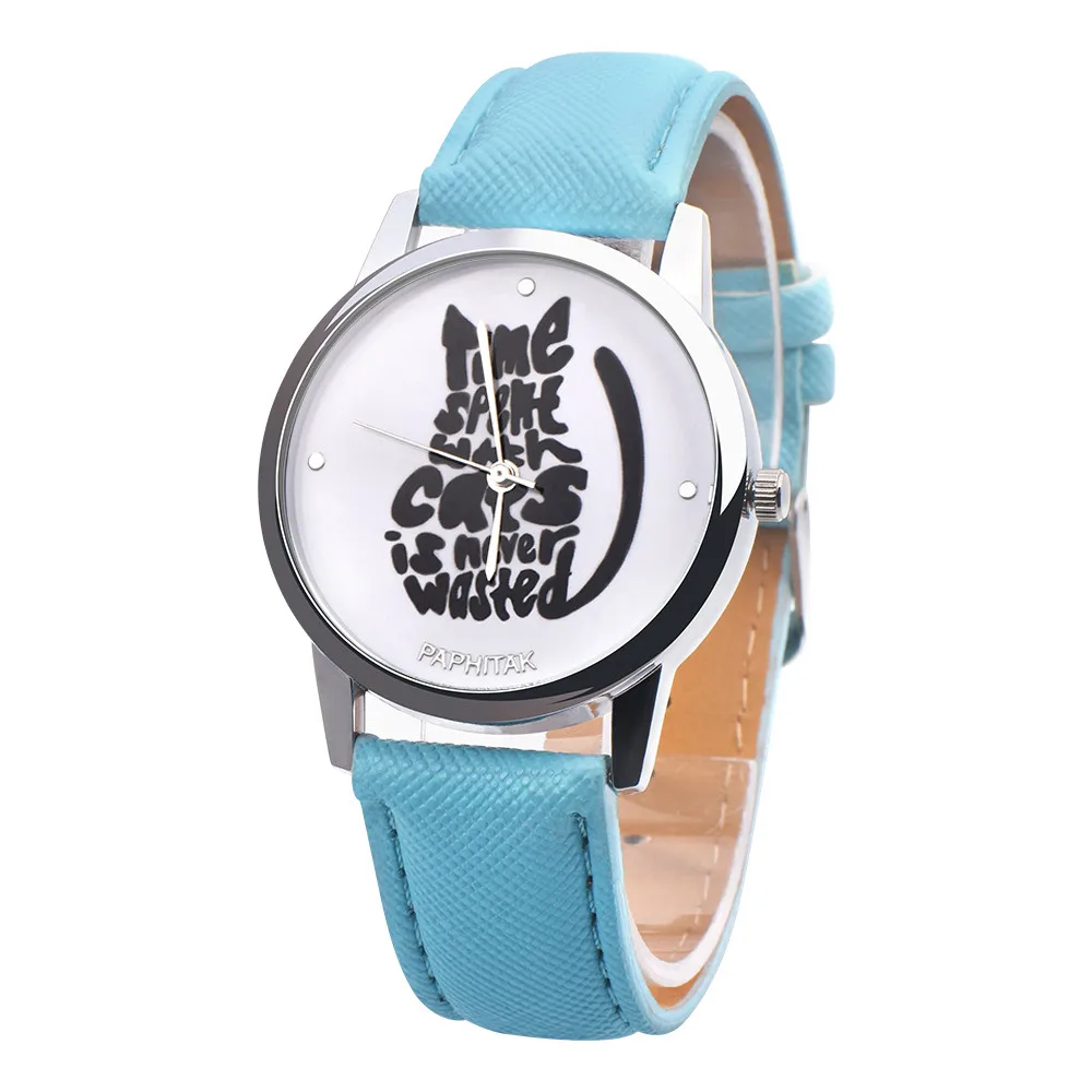 

Letters Cats Cute Women Girl Fashion Clock Leather Band Analog Alloy Quartz Watch Student Dress Gift zegarek damski montre *Y