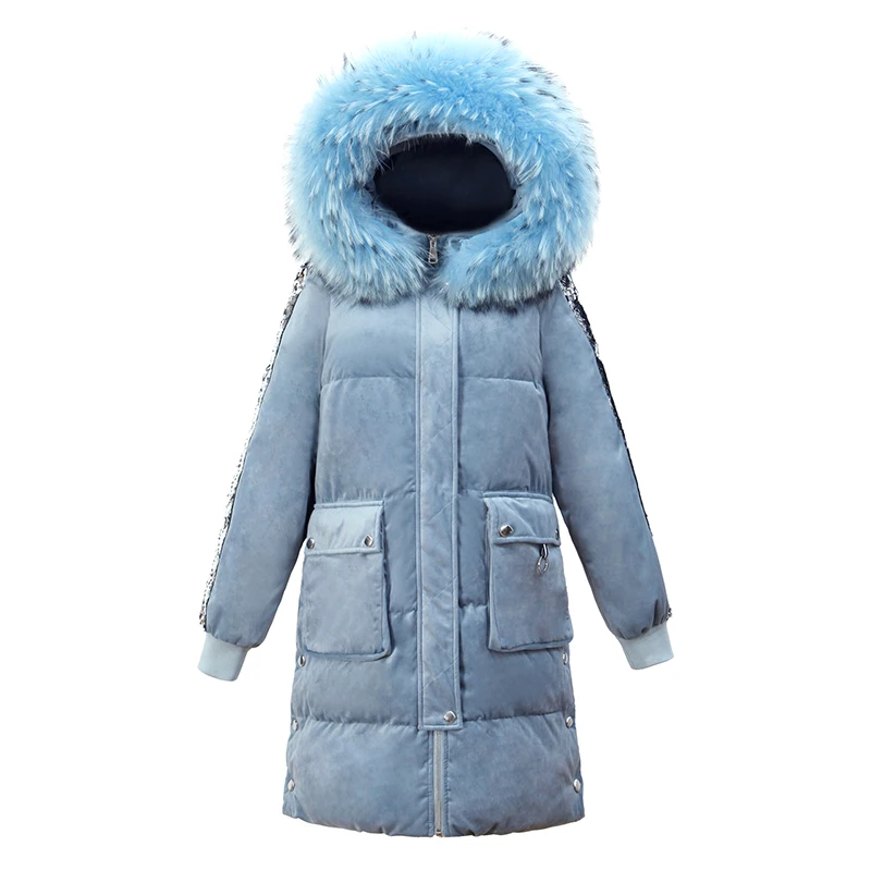 Diwish Fur Collar Hooded Velvet Long Women's Down Jacket Sequins Decorated Casual Ladies Winter Coat Female Thick Warm Outwear