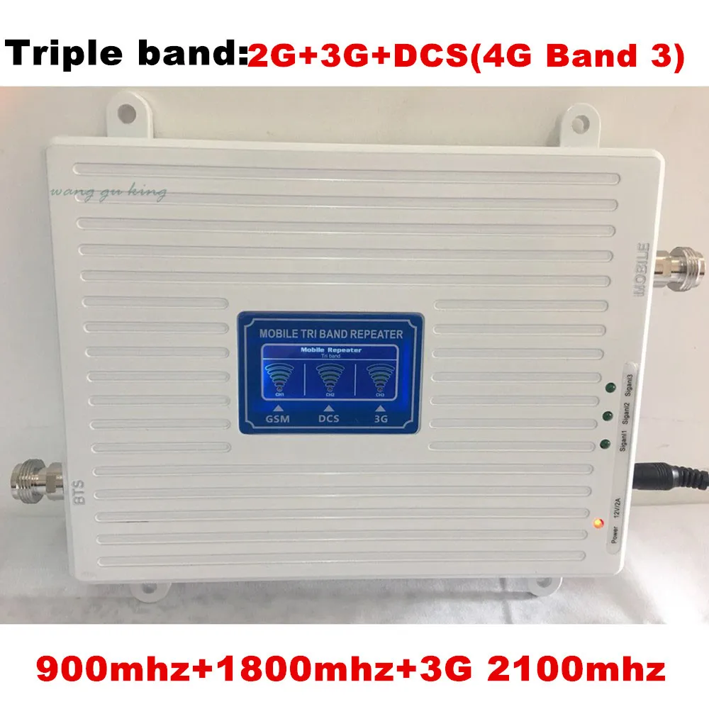 

Gain 70dB 2G 3G 4G Tri Band Mobile Signal Booster Repeater for GSM 900MHz+DCS LTE 1800MHz+WCDMA UMTS 2100MHz with LCD Display