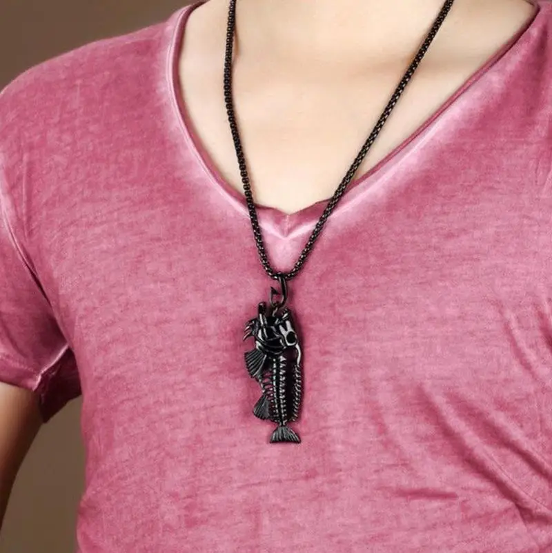 Charm Stainless Steel Hollow Fish Skeleton Bone Pendant Necklace 3 Colors