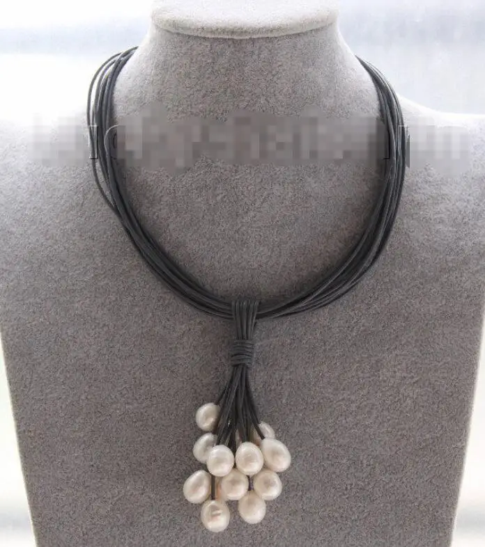 

Hot sale new Style >>>>>Choker 16" 15row 14mm white pearls dark gray leather necklace j9555