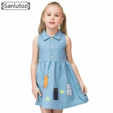 Sanlutoz/джинсовая летняя одежда для детей; хлопковые платья для девочек с рисунком кота; милая детская одежда; синие вечерние платья; брендовая одежда для маленьких принцесс