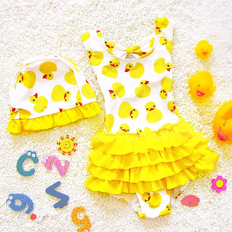 

Children's Swimwear 2018 New Pink Yellow Children Swimsuit Beachwear Girls Bathing Suit Hat+Swimsuit Kids Maillot De Bain CBK031