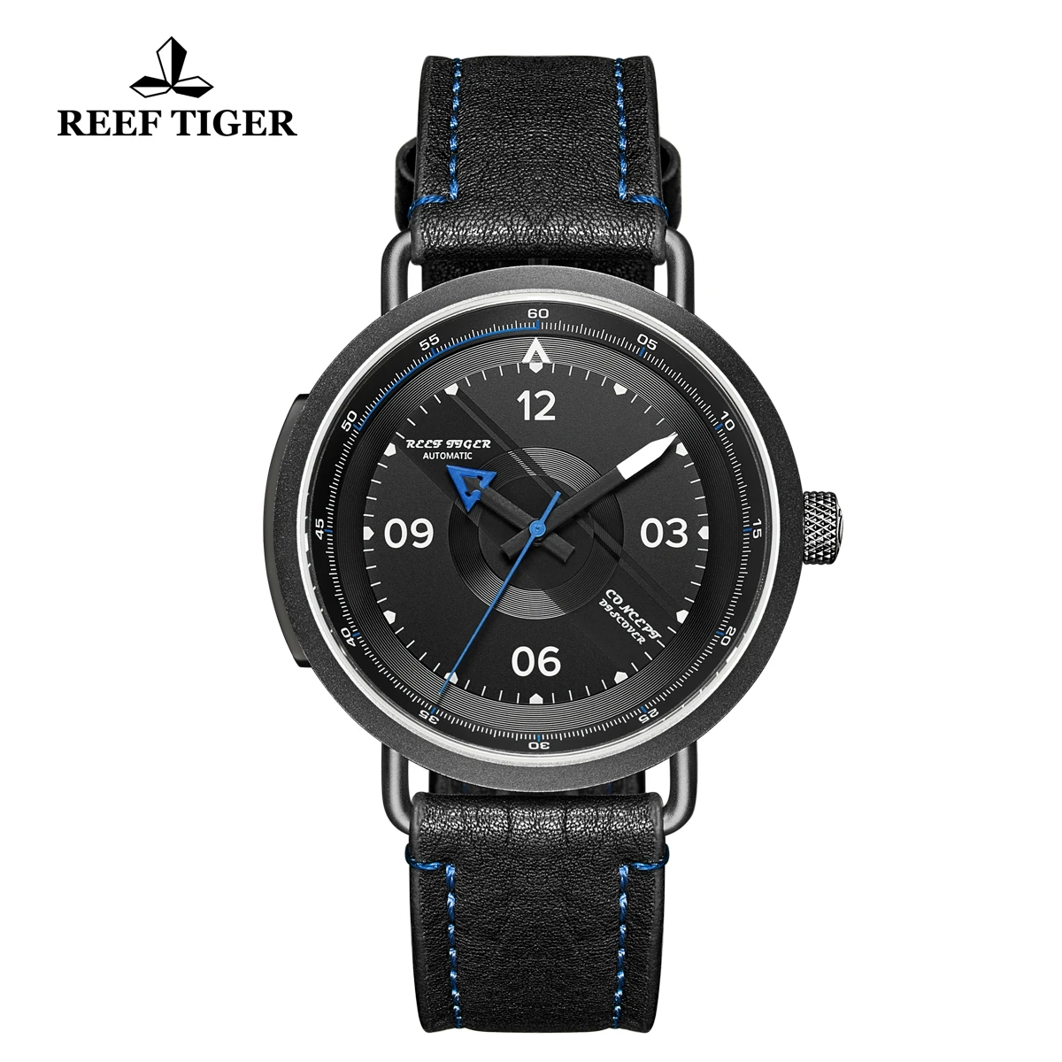 Reef Tiger/RT New Design Simple Watch Men Leather Strap Steel Waterproof Military Watches  Automatic Watches RGA9055 