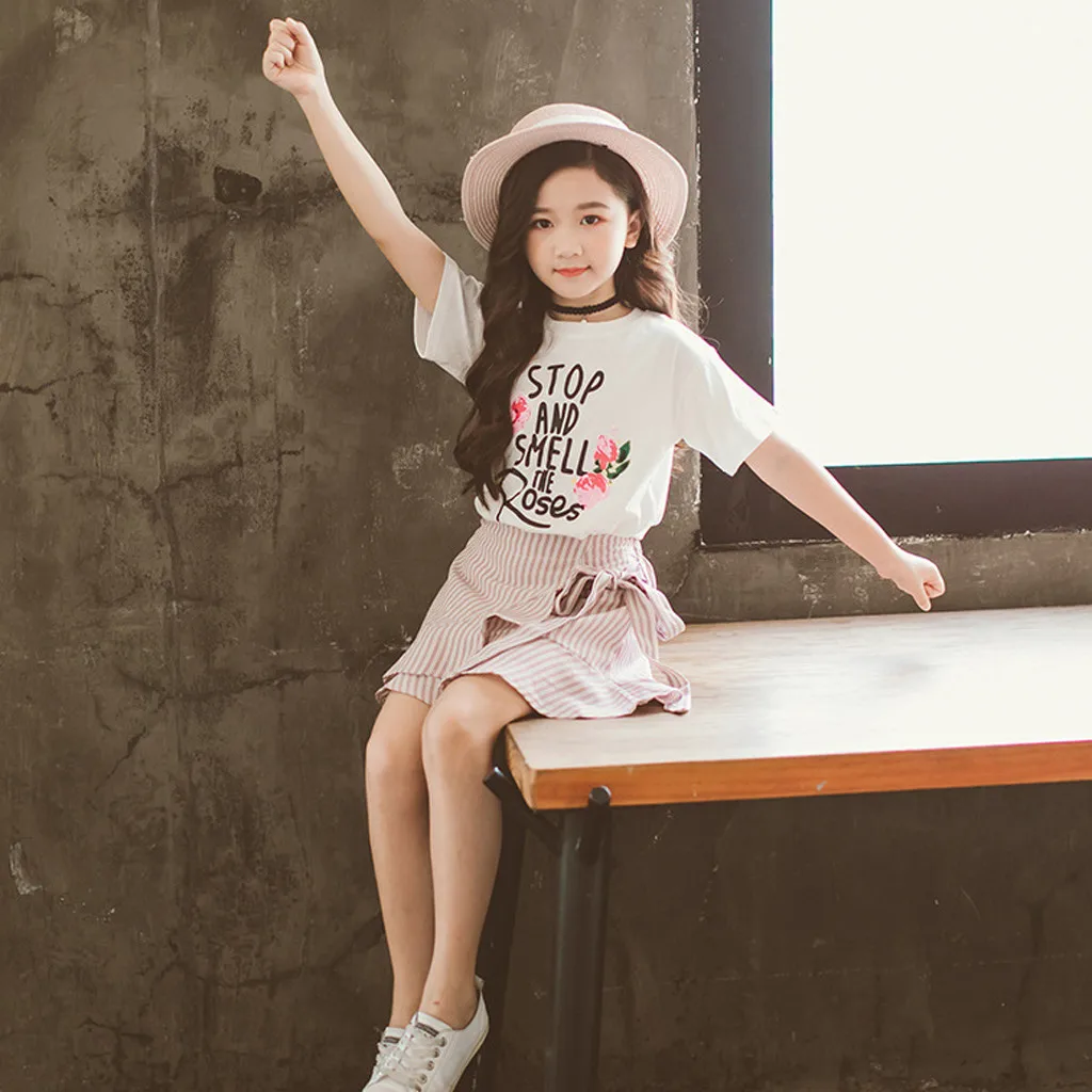 

Summer Sweet Teen Kids Girls Clothes Korean style Letter Roses Short Sleeve T Shirt Tops +stripe Falbala Dress Skirt Set #1979