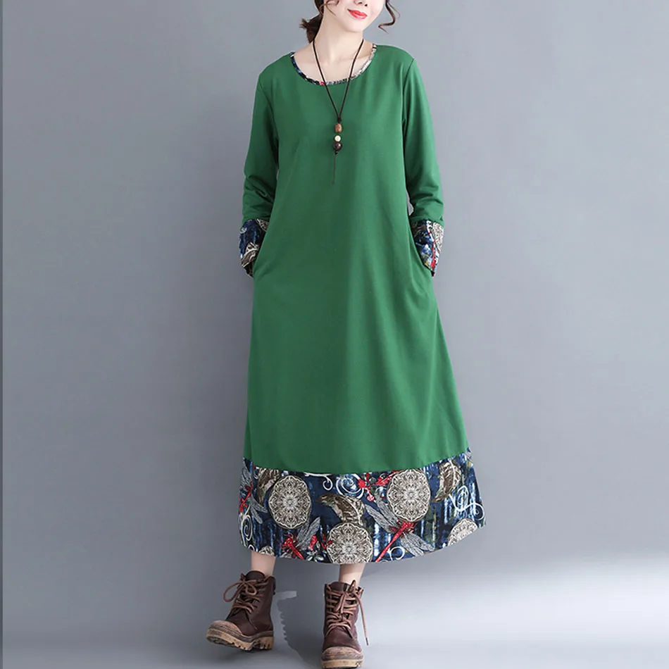 Новинка осени, женское платье большого размера в национальном стиле, свободное хлопковое льняное платье с длинными рукавами, ретро платье с принтом CX1196 - Цвет: Зеленый