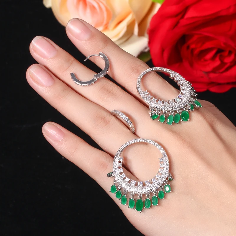 CWWZircons модные большие круглые этнические Висячие длинные серьги-кольца для женщин зеленый прозрачный CZ Аксессуары для свадебного платья CZ143
