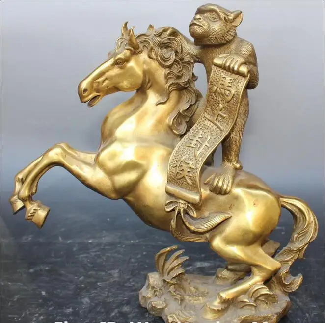 

11" Chinese Feng shui Bronze animal monkey Ride Horse Ma Shang Feng Hou Statue