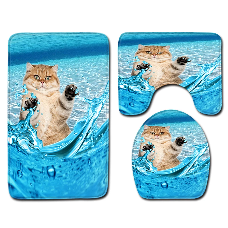 3 Pcs Bathroom Rug And Mat 3D Cute Cats Non-slip Bathroom Mat Set Coral Fleece Shower Toilet Room Carpet Rugs Bath Mats Set