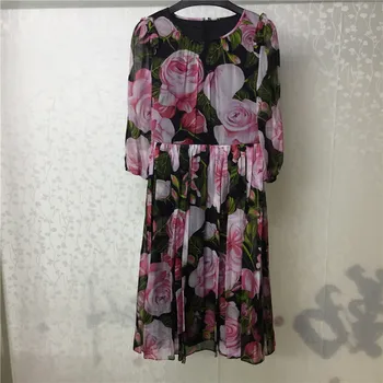 

Women Dress Elegant Floral Printed Dresses High Quailty Dresses 2018 New Ladies Silk Dress Vestidos