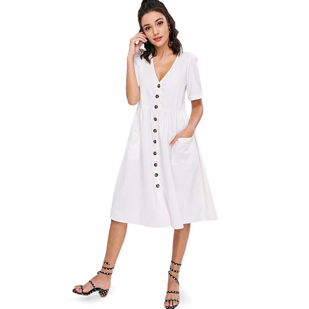 Wipalo Patch Pockets Buttons Front Midi Dress Summer V Neck Short Sleeve Cotton Dresses Vestidos