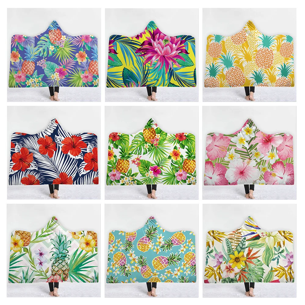 

Tropical Plant Hooded Blanket For Adults Childs 3D Printed Sherpa Fleece Blanket Wearable Warm Throw Blanket For Home Travel