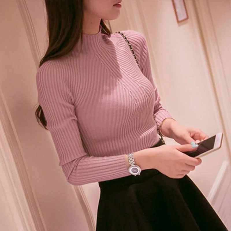 

Bottoming Knitted Pullovers 2018 autumn winter Women sweater high elastic Solid Turtleneck sweater women slim sexy tight jumper