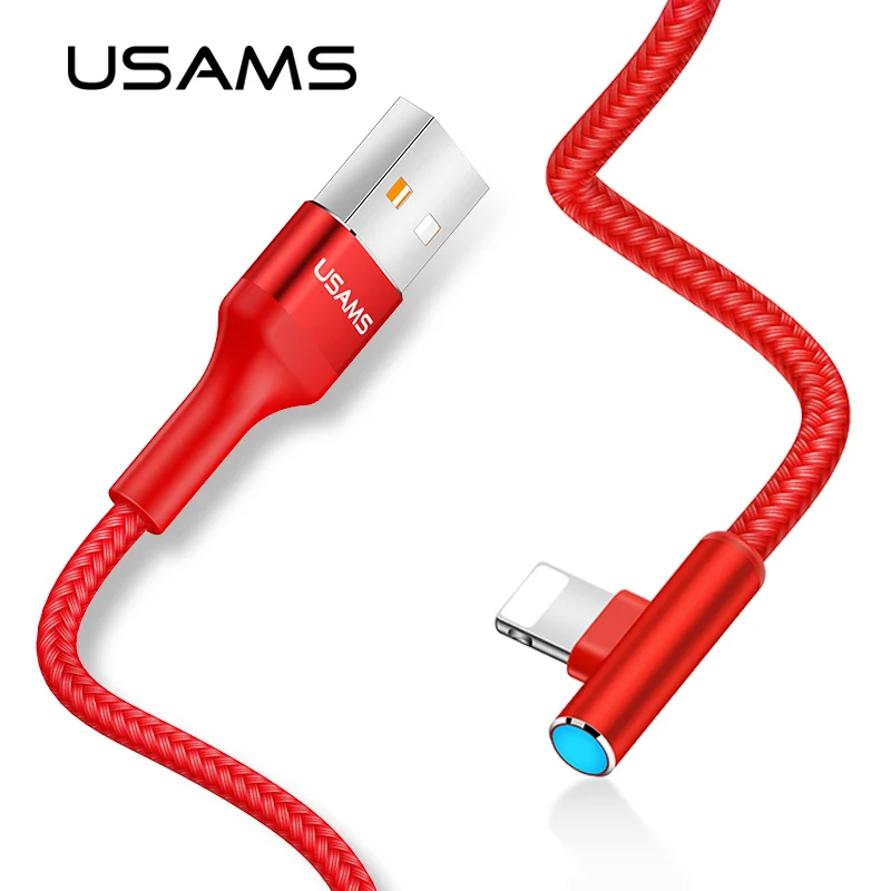 Goedkoop USAMS buigen kabel voor iPhone 8 kabel 90 graden 2A Snel Opladen usb Kabel voor iPhone X XS Max XR 8 7 6 5 5 s charger cable