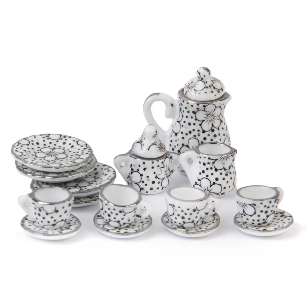 

Porcelain Doll tea set Eating Utensils 15pzs Daisy Pattern white, black for doll house Children Classic Pretend Play Toys