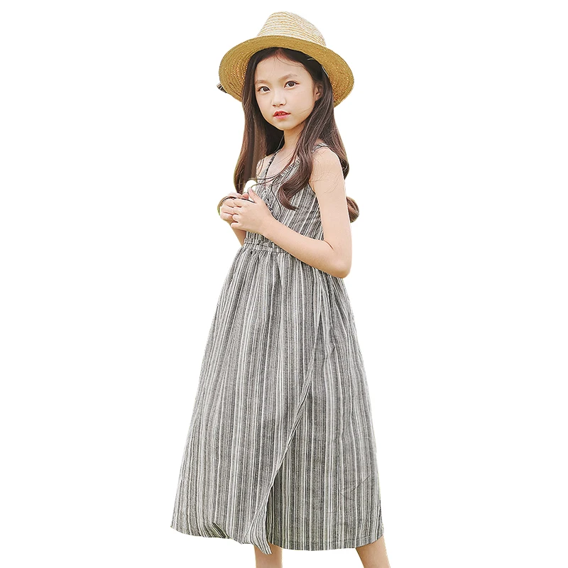 

6-16 Yrs Big girl Striped long Dress for 2018 new summer china style loose Cotton and linen vest Dress Simple Straps beach dress