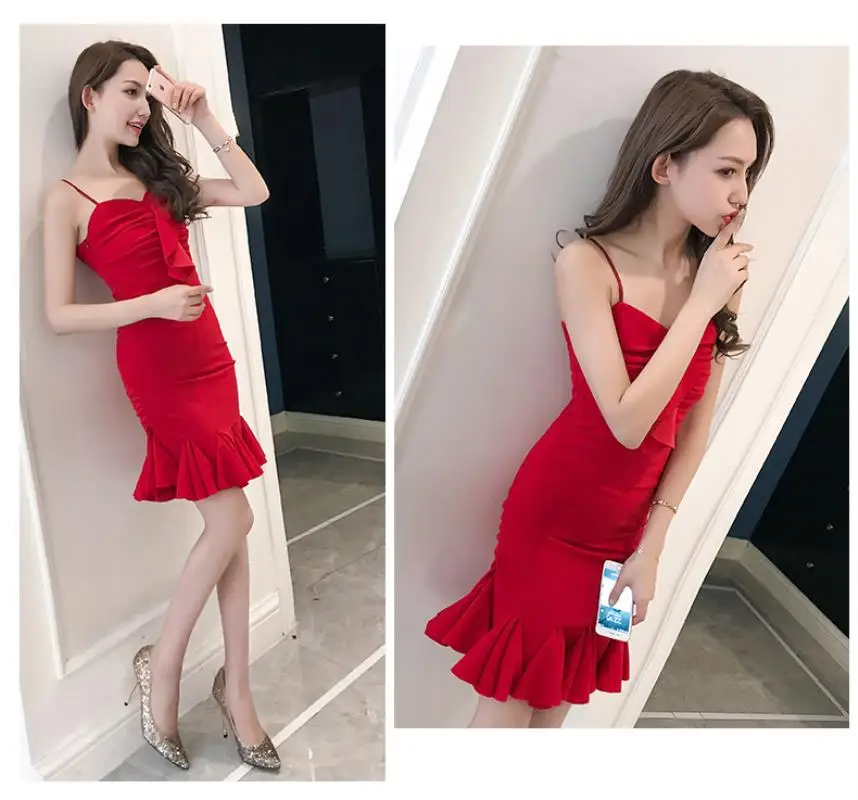 New 2018 Summer  Red Slim Dress  Women Formal Party Dress Women Sling  Sexy Bodycon Ruffles Fishtail Dress Free shipping