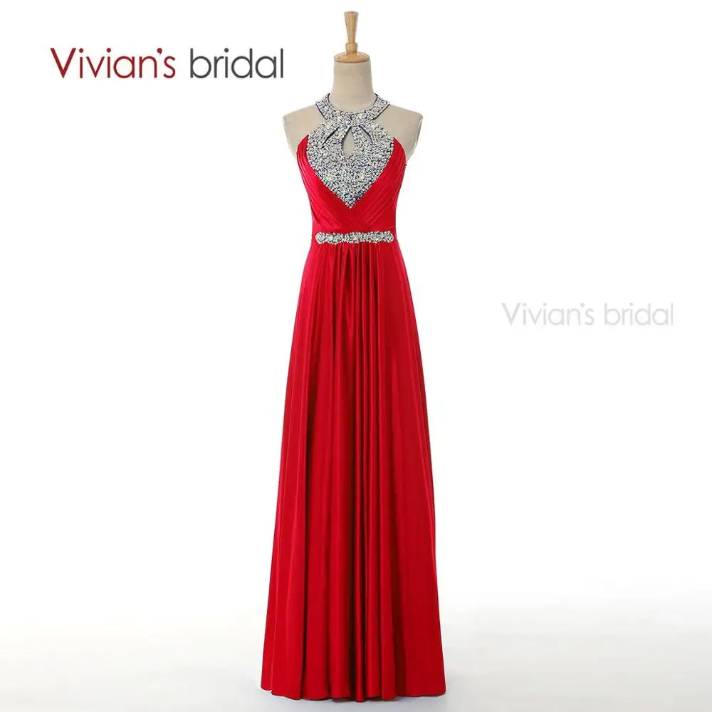 Vivian's Bridal A Line вечернее платье длинное Бисероплетение Кристалл Холтер атласное Формальное вечернее платье ED8010 - Цвет: Red