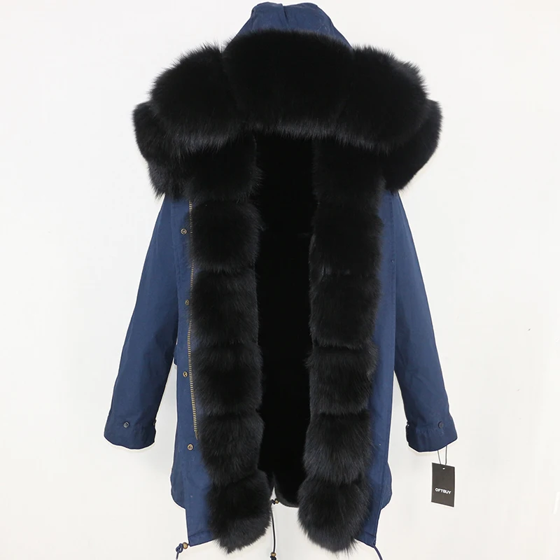 OFTBUY пальто с натуральным мехом зимняя куртка женская длинная парка воротник из натурального Лисьего меха Толстая теплая брендовая Роскошная Съемная уличная одежда - Цвет: navy black