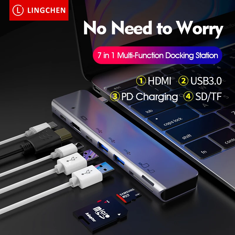

LINGCHEN USB 3.0 Type-C Hub To PD Fast Charging USB 3.0 Ports Type-C SD&TF Card Solt HDMI Adapter 4K For MacBook Pro Xiaomi Air