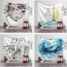 Bohemian Sailboat Whale Palm Tapestry Wall Hanging Dinosaur Bones Girl Pattern Art Sunbathing Beach Towel Blanket Home Decor