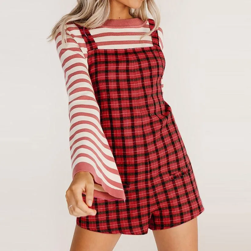 

women's jumpsuit clothe Casual Plaid Overalls for women Adjustable Cotton Pockets Elastic Band Shorts Pants 2JULYO18