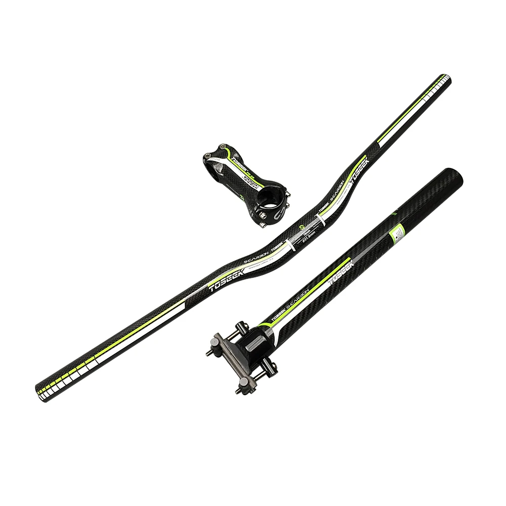 

Full carbon fiber handlebar sets MTB moutain bikes handlebar+ stem + seatpost flat riser handlebars 3k gloss bicycle parts Green