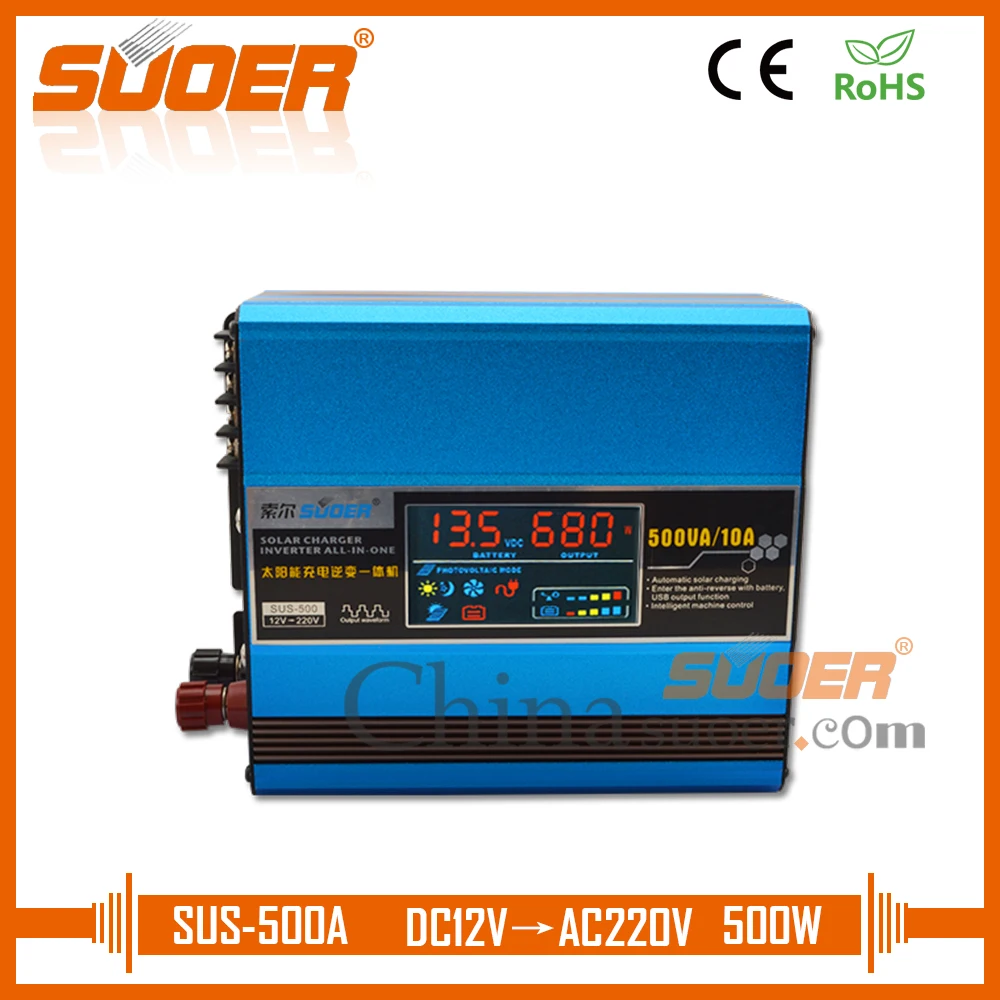 Suoer【Hybrid Inverter】 12 В 220 В Инвертор 500 Вт постоянного тока в переменный солнечный инвертор с встроенным 10А солнечным контроллером заряда(SUS-500A