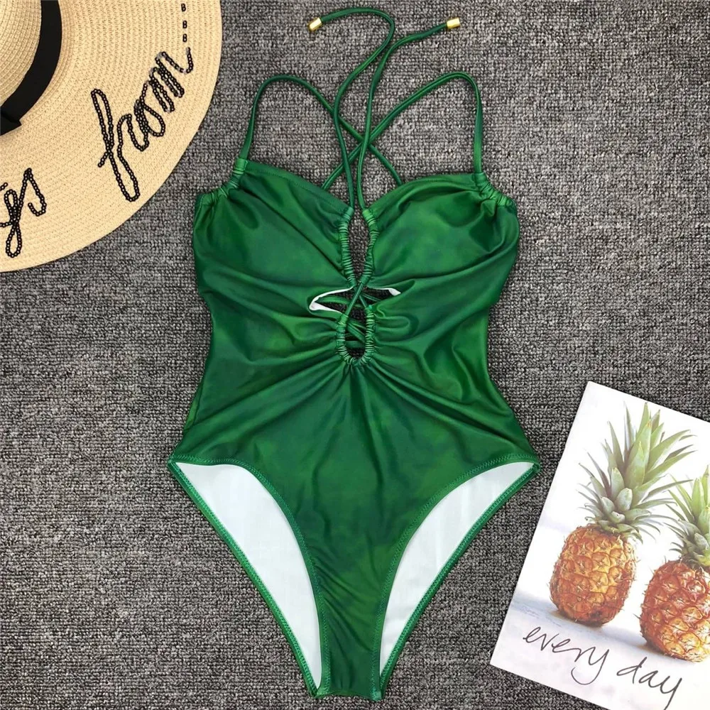 One Piece Swimsuit 2019 Green Splashing Ink Printed Swimwear Women