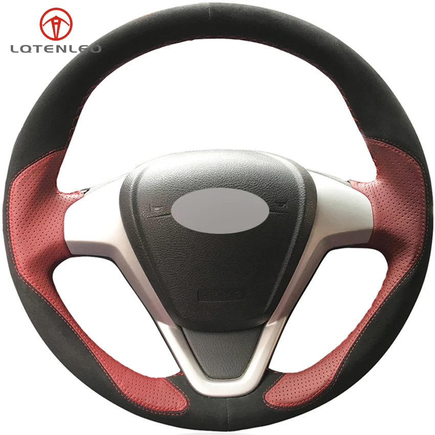 LQTENLEO Black Suede Wine Red Leather Car Steering Wheel Cover For Ford