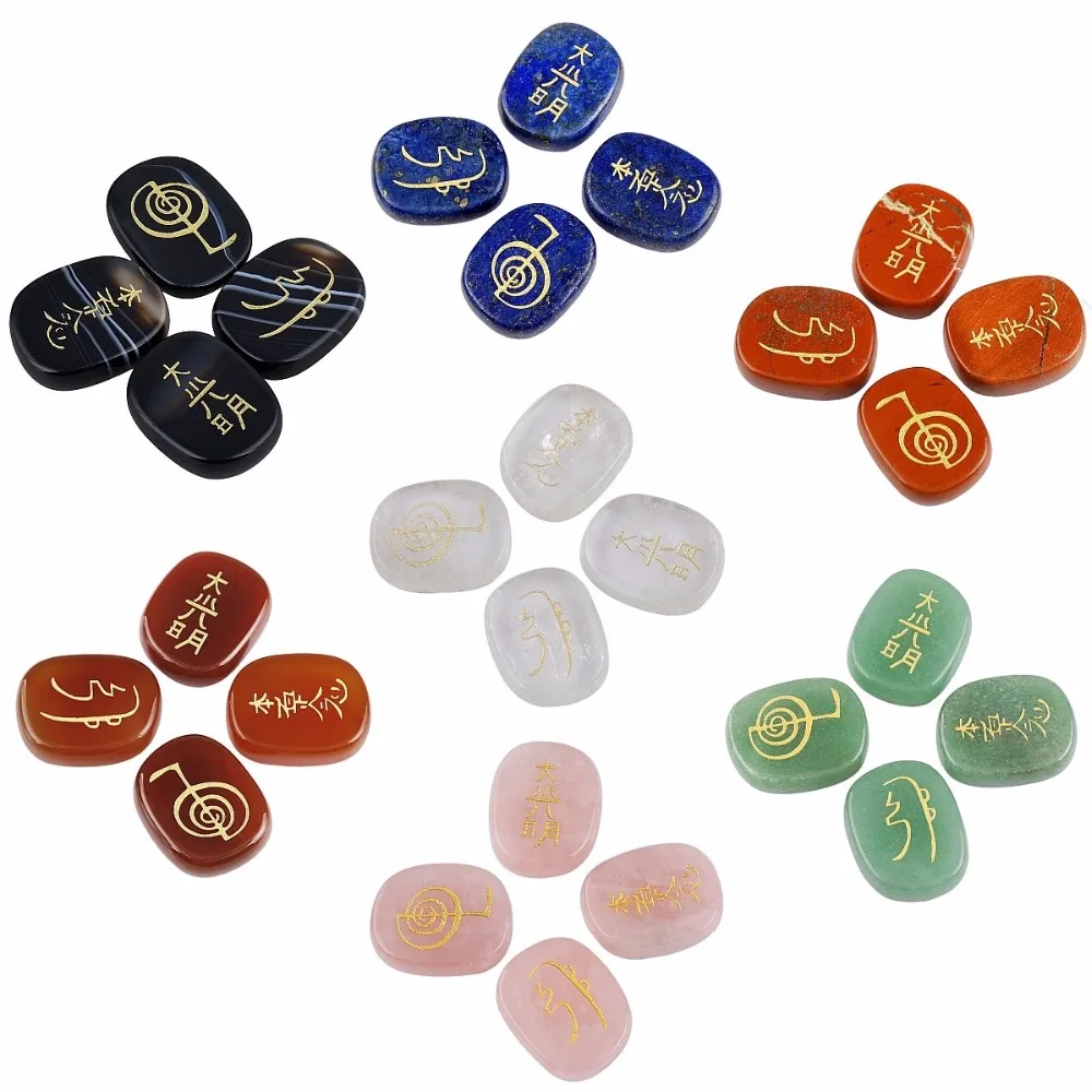 SUNYIK 4Pc/Set Healing Crystal Engraved Usui Reiki Symbols Palm Stone Chakra Balancing Meditation Jewelry Packaging
