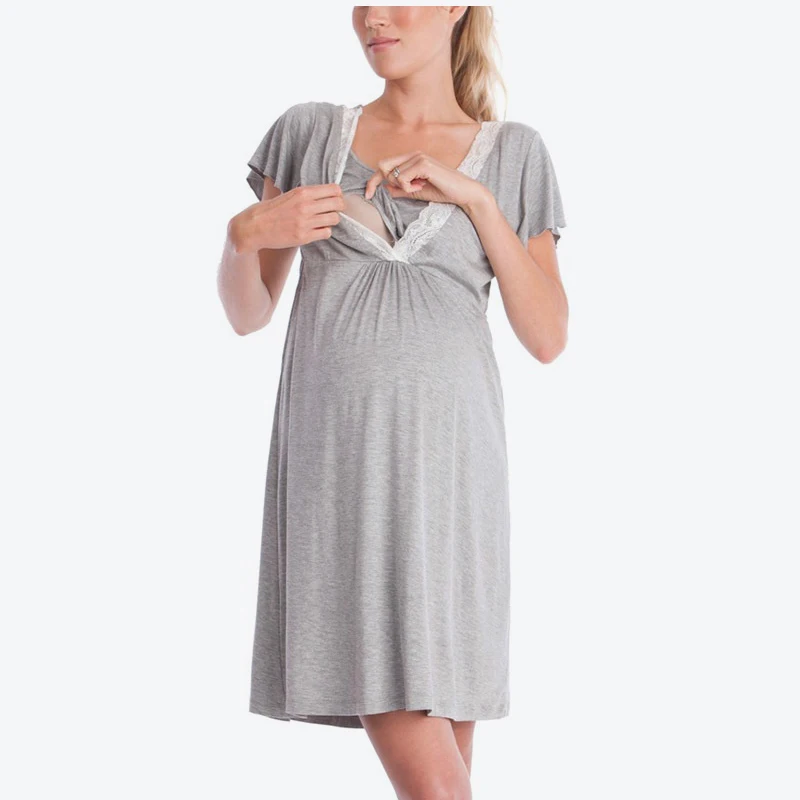 Женская ночная рубашка с v-образным вырезом для беременных, Кружевная туника в стиле пэчворк, короткий рукав, высокая талия, женский халат, пеньюар