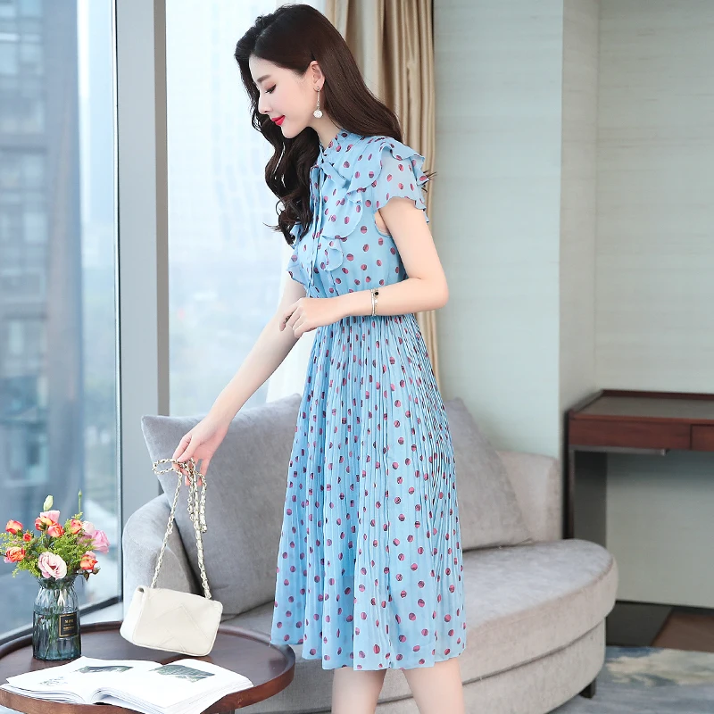 Dot Summer Blue Party Dress Plus Size Long Elegant Lady Slim Midi Office Vintage Short Sleeve Runway Vestido 2019 New Arrivals