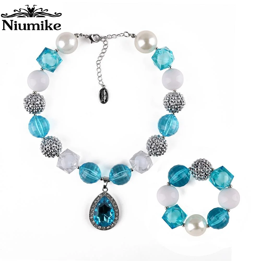 

Niumike Little Girl Lightweight Chunky Bubblegum Necklace and Bracelet Set With Teardrop Crystal Pendant for Kid Birthday Gift