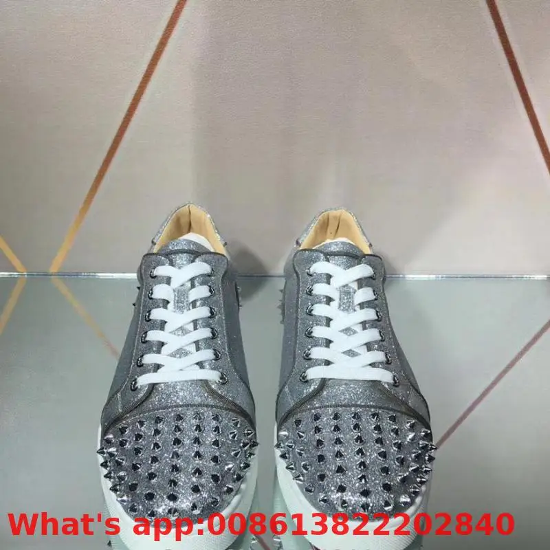 

Lace Up Leather Red Bottoms Low Cut Sneaker Shoes Silver Suede Silver Spikes Toecap And Heel Casual Models Flat Loafers