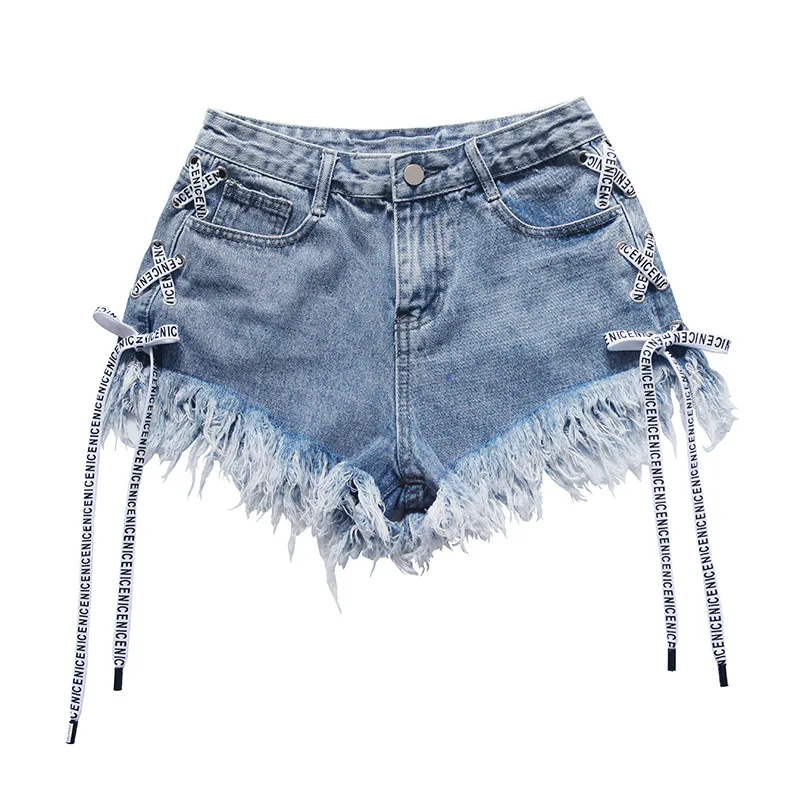 Plus size Sexy Blue Denim Hot Shorts Women Lace up High Waisted Jeans ...